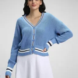 Forever 21 Blue Cotton Self Pattern Cardigan-image-66