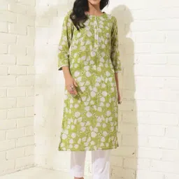Fabindia Green Cotton Hand Block Printed Long Kurta-image-64