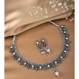 Peora Silver Plated White Synthetic Stone Studded Choker Necklace Drop Earrings Set-image-13