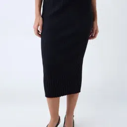 Wardrobe by Westside Black Ribbed-Textured High-Rise Pencil Skirt-image-38