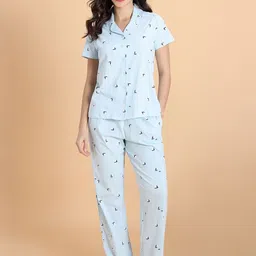 Zivame Women Geometric Printed Lapel Collar Shirt & Pyjamas Night suit-image-50
