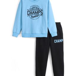 Honeyhap Premium Cotton Lightweight Terry Full Sleeves Text Printed Sweatshirt & Lounge Pant Set with Bio Finish - Sky Blue & Black-picture-10