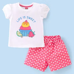 Babyhug Cotton Knit Single Jersey Half Sleeves Night Suit With Ice Cream Print - White & Pink-picture-22