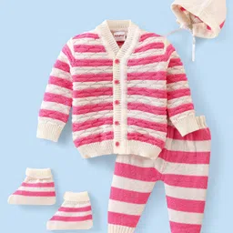 Babyhug Knitted Full Sleeves Striped Baby Sweater Set with Cap & Booties - White & Pink-picture-26