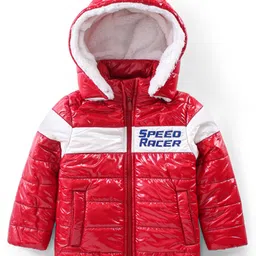 Babyhug Full Sleeves Front Open Padded Hooded Jacket with Colour Block Design & Text Embroidery - Red-picture-28