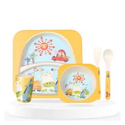 Bembika Baby Self Feeding Essential Baby Dinnerware Bamboo Fibre Dinner Set For Kids For Kids And Toddlers Funny Holiday - Pack Of 5 (Yellow)-picture-17