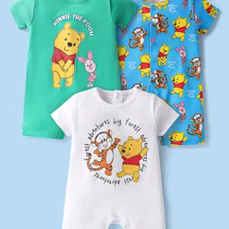Babyhug Disney Interlock Knit Half Sleeves Rompers with Winnie the Pooh Graphics Pack of 3 - White Green & Light Blue-picture-19