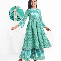 Pine Kids Viscose Woven Three Fourth Sleeves Floral Printed Kurta & Gharara Set with Dupatta - Mint Green-image-3