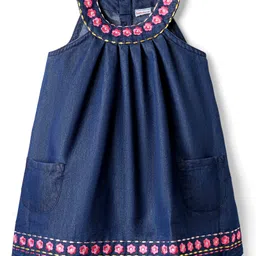 Babyhug Sleeveless Halter Neck Denim Frock With Floral Embroidery - Blue-picture-19