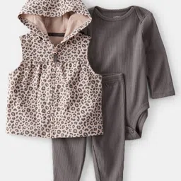 Carter's Knit Hooded Animal Print Jacket & Lounge Pant Set with Full Sleeves Onesie - Charcoal Grey & Beige-picture-12
