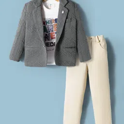 Dapper Dudes Full Sleeves Textured Blazer With Typography Printed Tee & Pant Set - Grey-picture-33