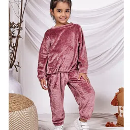 NEUDIS Fleece Knit Full Sleeves Fur Detailed Top & Trousers Set - Mauve-picture-15