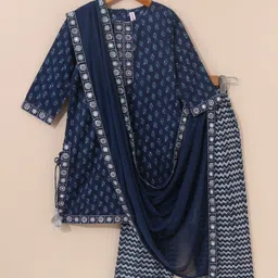 Babyhug Three Fourth Sleeves Cotton Embroidered Kurti & Palazzo Set With Dupatta Printed- Navy Blue image 2