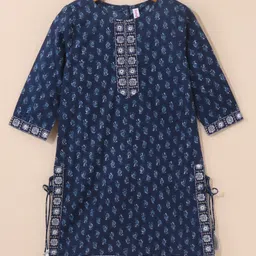 Babyhug Three Fourth Sleeves Cotton Embroidered Kurti & Palazzo Set With Dupatta Printed- Navy Blue image 3