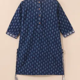 Babyhug Three Fourth Sleeves Cotton Embroidered Kurti & Palazzo Set With Dupatta Printed- Navy Blue image 4