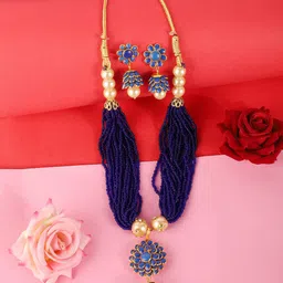 ANIKAS CREATION Gold-Plated Blue & Off White Pearl Beaded Handcrafted Jewellery Set image 1