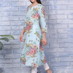 W Blue Pure Cotton Regular Fit Floral Print Kurta image 3