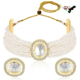 Peora Gold Plated White Cubic Zirconia Crystal & Beads Necklace Stud Earring Set-picture-42