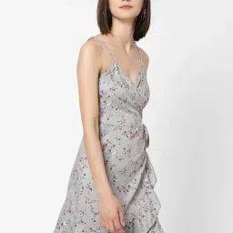 VASTRADO Grey Floral Print A-Line Wrap Dress image 3