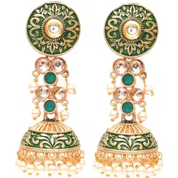 Karatcart Gold-Plated Green Meena & Pearl Studded Jhumki Earrings for Women image 3