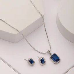 Saraf RS Jewellery Silver Toned Blue AD Studded Rectangular Minimal Pendant & Earrings Set-picture-3