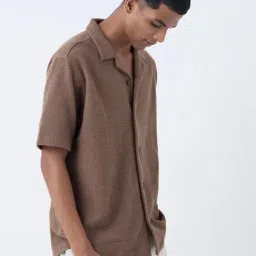 ETA by Westside Brown Textured Relaxed-Fit Cotton-Blend Shirt-image-67