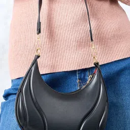 Styli Black Textured Hobo Bag image 2