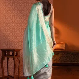 Taneira Green & Grey Woven Saree With Unstitched Blouse image 2