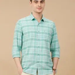 CAVALLO by Linen Club Green Linen Blend Slim fit Checks casual shirts-picture-22