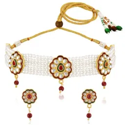 Peora Gold Plated Maroon Green Kundan & Beads Studded Necklace Drop Earrings Set-picture-18