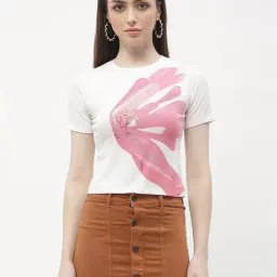 MADAME Off White & Pink Embellished Crop T-Shirt-image-44