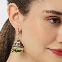 Oomph Green Pink Meenakari Cone Shape Jhumki Earrings image 3