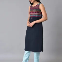 Aurelia Blue Cotton Embroidered Straight Kurta image 3