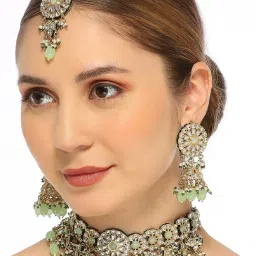 Oomph Mint Green Jadau Necklace, Earring & MaangTikka Set image 3