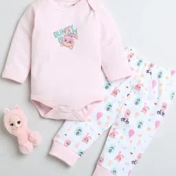 Bumzee Girls Pink & White Printed Full Sleeves Bodysuit With Pyjamas-image-60