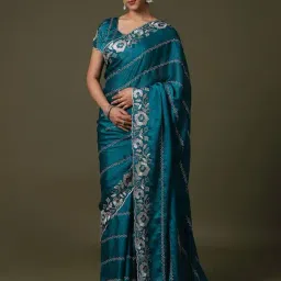 Saree Mall Teal blue Satin Embroidery Saree with Blouse Piece-image-7