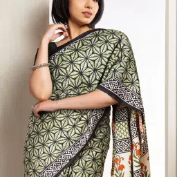 Unnati Silks Green Cotton Printed Saree With Unstitched Blouse image 2