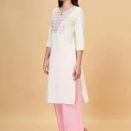YU by Pantaloons Off-White Cotton Embroidered Straight Kurta image 3
