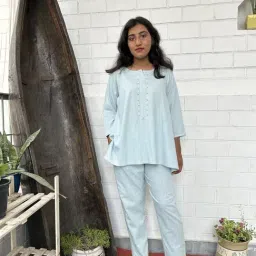 Zuri Sky Blue Embroidered Short Cotton Kurta-image-83