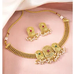 Peora Gold Plated Pink Green Synthetic Stone Necklace & Earring Set-picture-28
