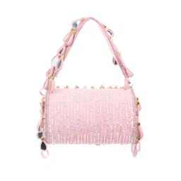 Odette Light Pink Suede Beads Tasseled Mirror Work Handbag image 5