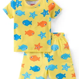 Babyhug Cotton Single Jersey Knit Half Sleeves Night Suit Marine Life Print - Yellow-picture-25