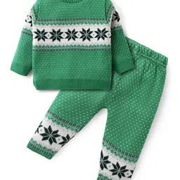 Babyhug Knit Full Sleeves Sweater Set with Intarsia Design -Light Green-picture-22