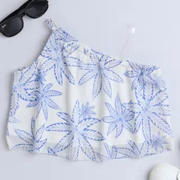 Taffykids Mesh Asymmetric Neck Floral Printed Crop Top - White And Blue-picture-15