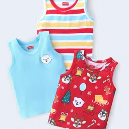 Babyhug 100% Cotton Single Jersey Knit Sleeveless Antibacterial Sandos with Stripes & Animals Print Pack of 3 - Red & Blue-picture-27
