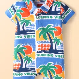 Babyhug Interlock Knit Half Sleeves Romper With Beach Theme Print - Blue image 1