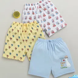 BUMZEE Cotton Knit Above Knee Length Palm Tree & Panda Printed Shorts Pack of 3 - Sky Blue Yellow & White-picture-17