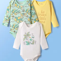 kookie kids india Kookie Kids Interlock Knit Full Sleeves Leaf Printed Onesies Pack of 3 - White Yellow & Green-picture-34