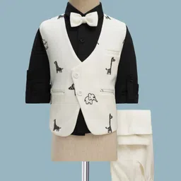 Robo Fry Cotton Woven Full Sleeves 3 Piece Party Suit With Bow & Animal Print - White-picture-17