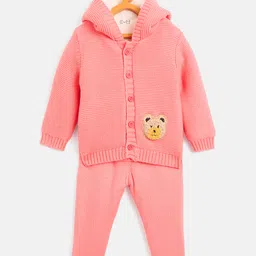 JWAAQ Cotton Knit Full Sleeves Teddy Bear Embroidered Hooded Sweater With Pant Set - Pink-picture-38